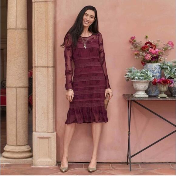 Sundance Poiret Lace Dress Wineberry Red Long Sleeve with Slip Size 16 NEW - Picture 1 of 12